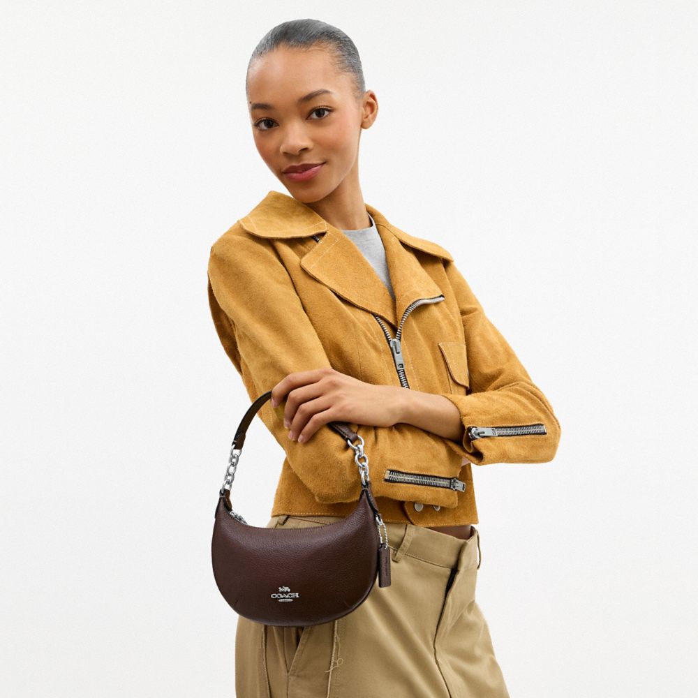 COACH®,Mini Payton Bag,Leather,Recycled Polyester,Shoulder Bag,Logo,Chain Detail,Metal,Compact,Gold Metal,Day Party,Brown,Detail View