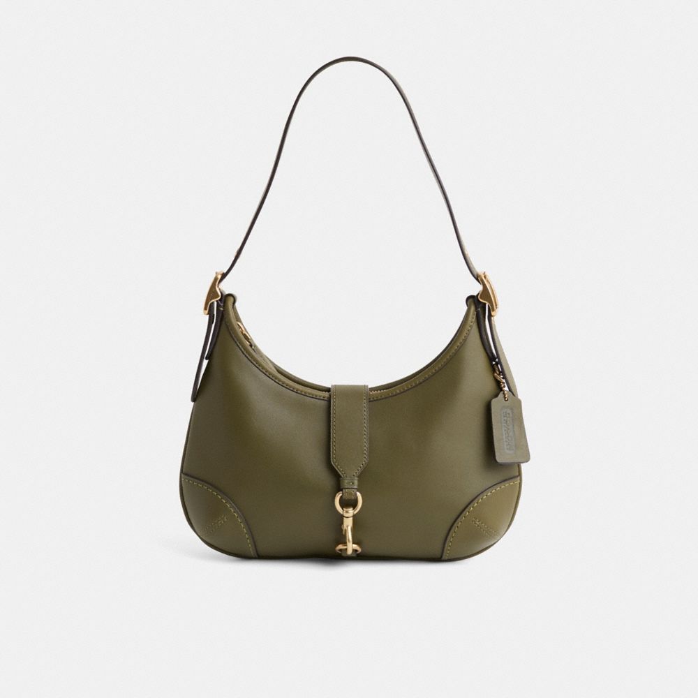 COACH®,Restored Hamptons Hobo Bag,Leather,Hobo,Metal Material,Metal,Logo,Sustainable,Adjustable,Silver Metal,Day Party,Olive,Front View