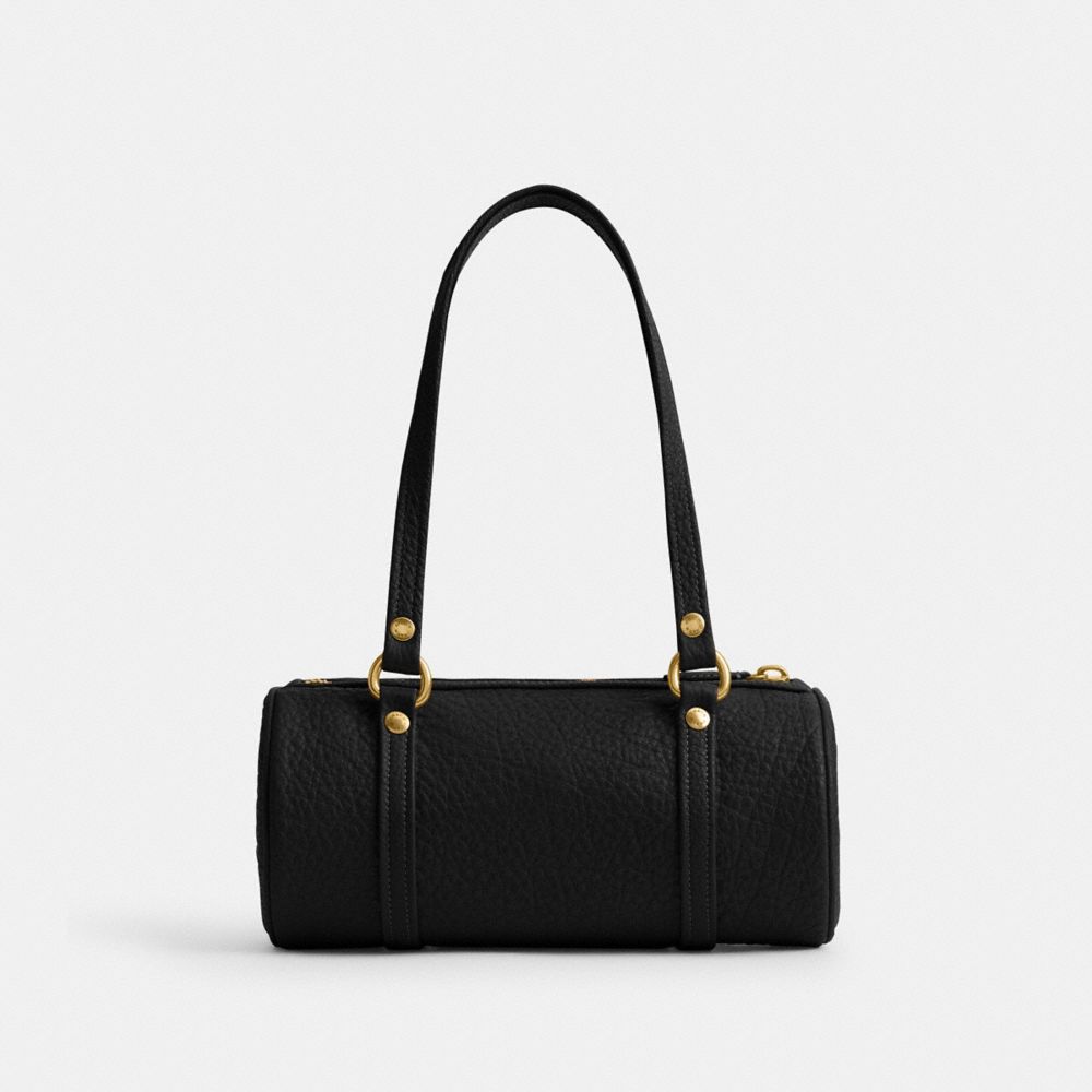 COACH®,Kisslock Barrel Bag 28,Lining Cotton,Leather,Barrel Bag,Metal Material,Pendant,Lined,Compact,Brass,Gold Metal,Day P...,Black,Back View