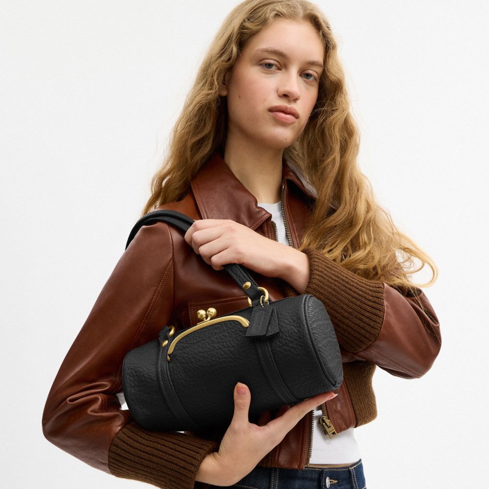 COACH®,Kisslock Barrel Bag 28,Lining Cotton,Leather,Barrel Bag,Metal Material,Pendant,Lined,Compact,Brass,Gold Metal,Day P...,Black,Detail View