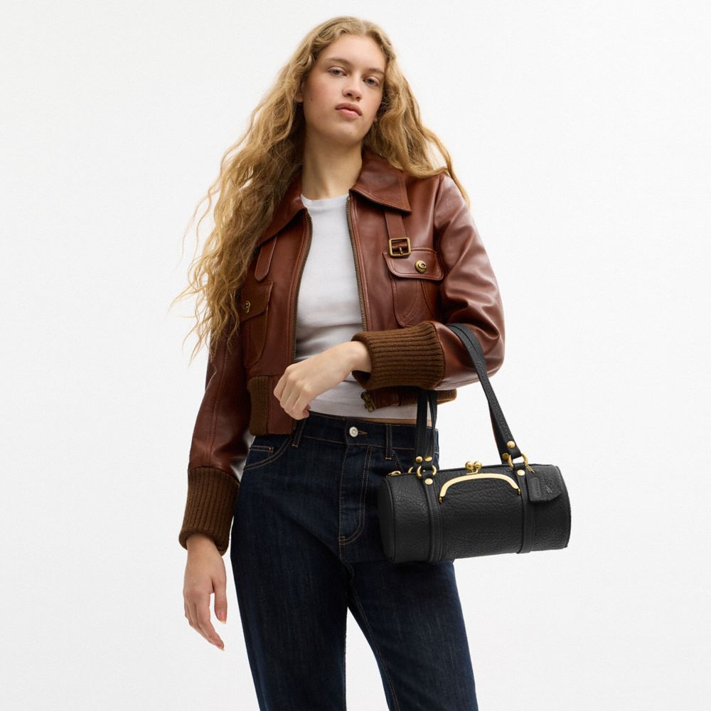 COACH®,Kisslock Barrel Bag 28,Lining Cotton,Leather,Barrel Bag,Metal Material,Pendant,Lined,Compact,Brass,Gold Metal,Day P...,Black,Detail View