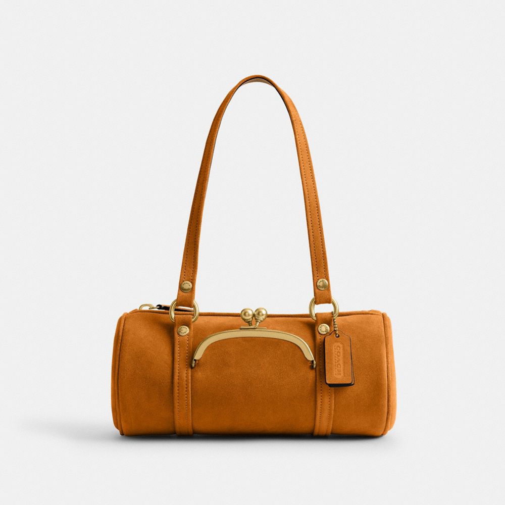 COACH®,Kisslock Barrel Bag 28,Leather,Suede,Barrel Bag,Pendant,Compact,Sustainable,Brass,Day Party,,Front View