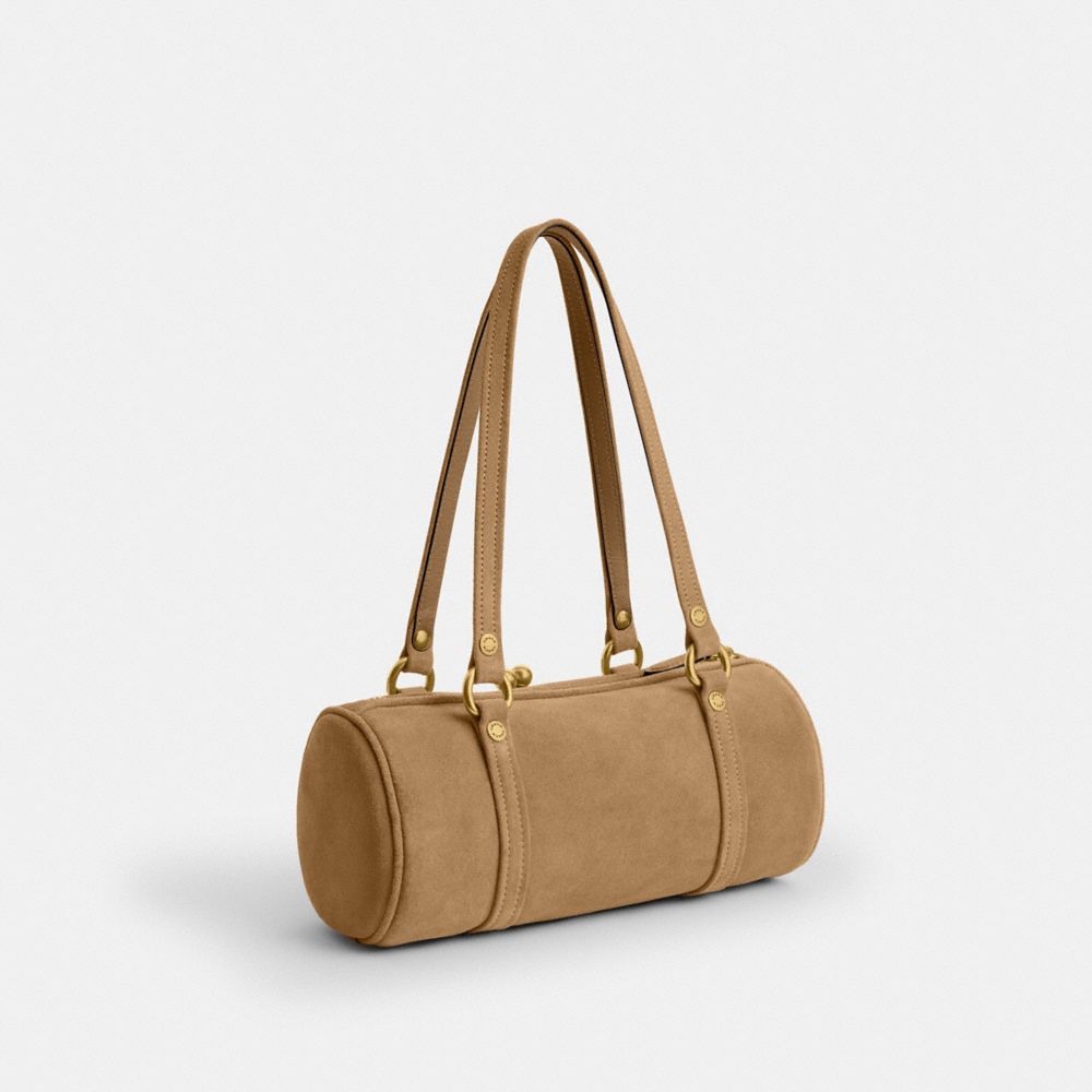 COACH®,Kisslock Barrel Bag 28,Lining Cotton,Leather,Suede,Barrel Bag,Pendant,Sustainable,Compact,Brass,Day Party,Beige,Angle View
