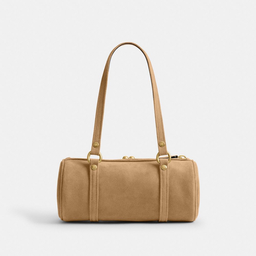 COACH®,Kisslock Barrel Bag 28,Lining Cotton,Leather,Suede,Barrel Bag,Pendant,Sustainable,Compact,Brass,Day Party,Beige,Back View