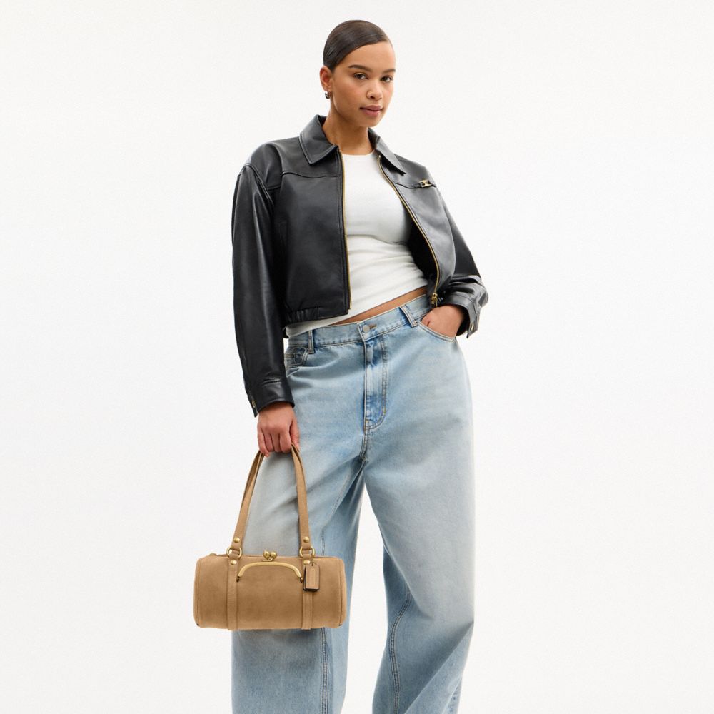 COACH®,Kisslock Barrel Bag 28,Lining Cotton,Suede,Leather,Barrel Bag,Pendant,Sustainable,Compact,Brass,Day Party,Beige,Detail View