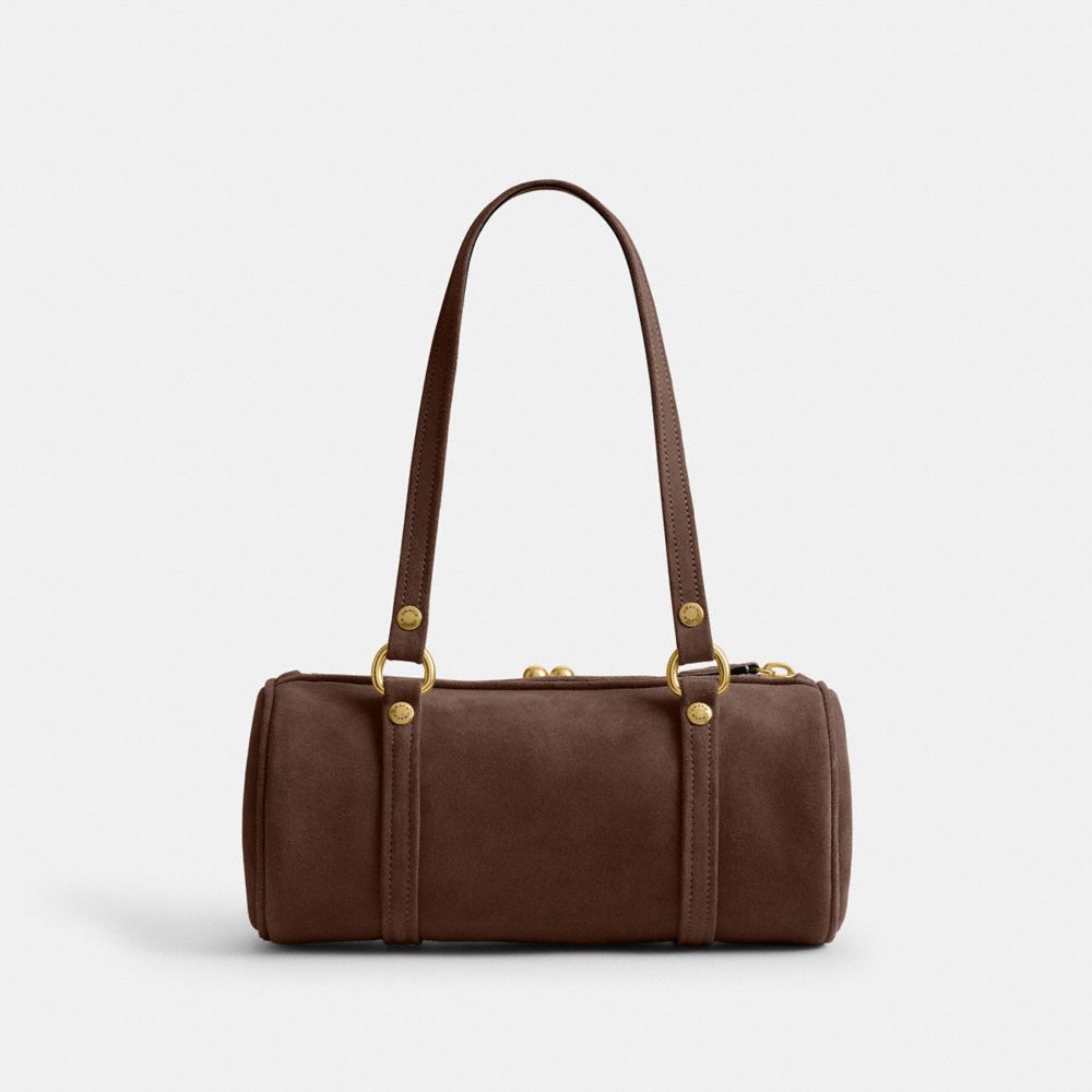 COACH®,Kisslock Barrel Bag 28,Lining Cotton,Leather,Suede,Barrel Bag,Pendant,Sustainable,Compact,Brass,Day Party,Brown,Back View