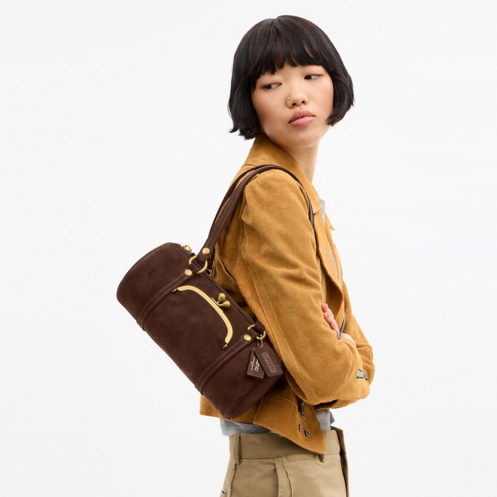 COACH®,Kisslock Barrel Bag 28,Lining Cotton,Suede,Leather,Barrel Bag,Pendant,Sustainable,Compact,Brass,Day Party,Brown,Detail View