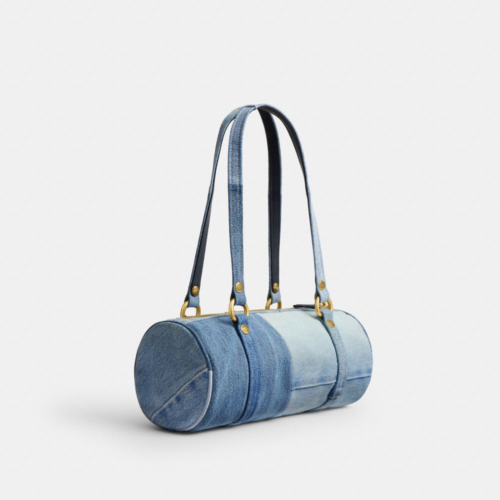 COACH®,Kisslock Barrel Bag 28 In Repurposed Denim,,Angle View