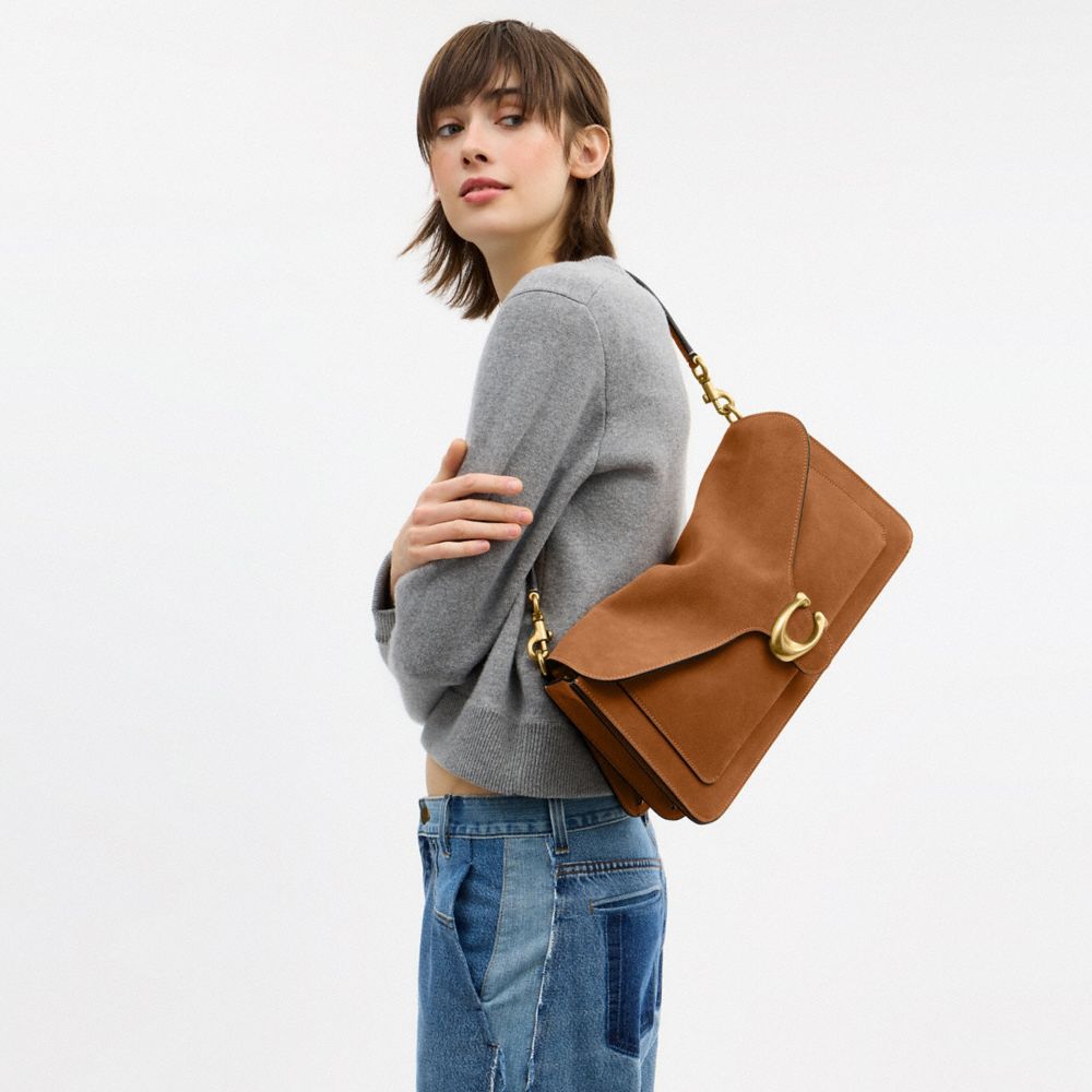 COACH®,Tabby Shoulder Bag 36,Suede,Leather,Shoulder Bag,Pendant,Metal,Logo,Gold Metal,Brass,Casual,Brown,Detail View