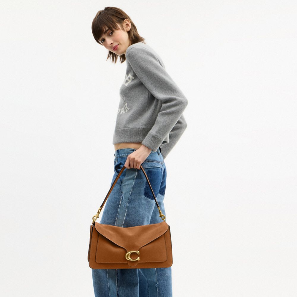 COACH®,Tabby Shoulder Bag 36,Suede,Leather,Shoulder Bag,Pendant,Metal,Logo,Gold Metal,Brass,Casual,Brown,Detail View