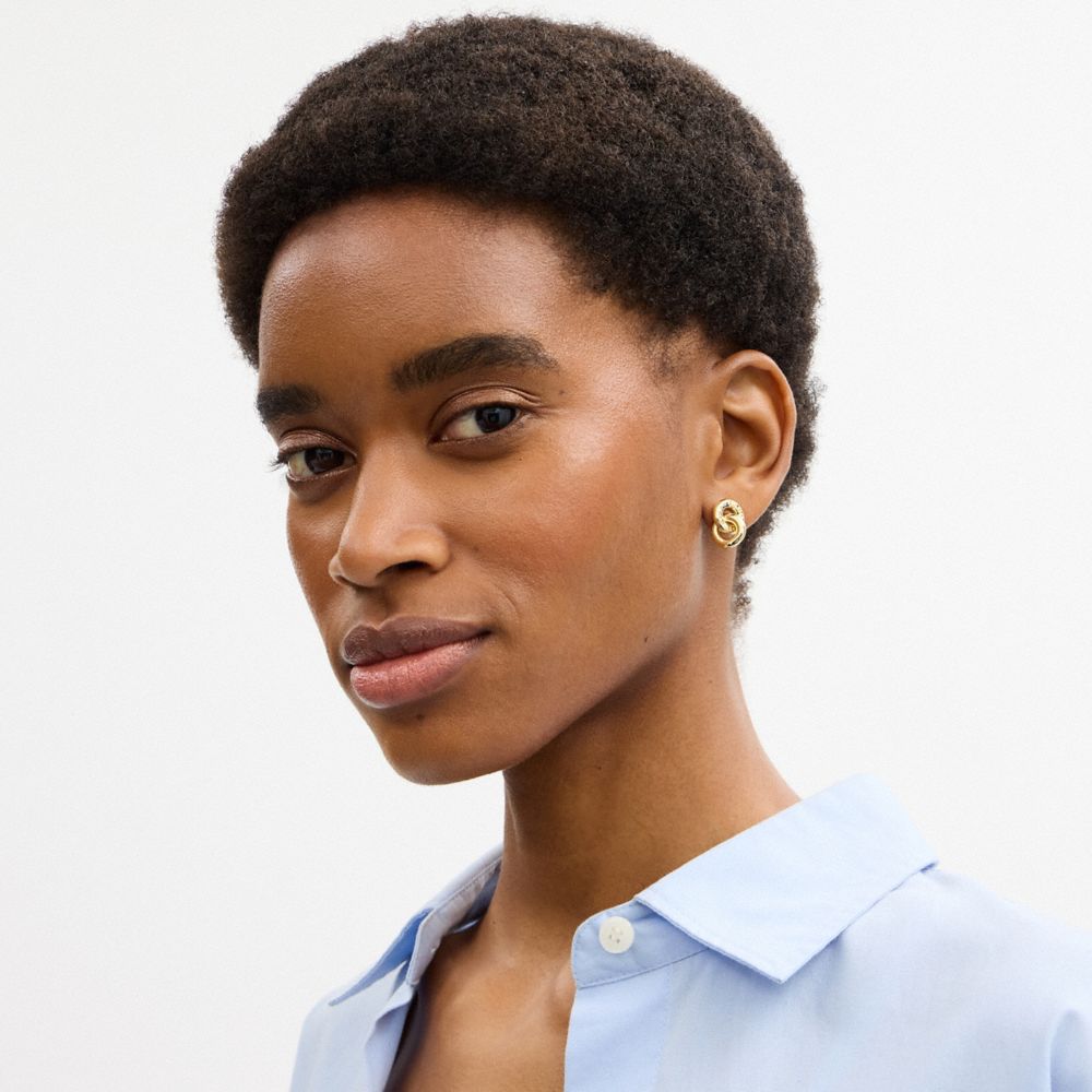 COACH®,Interlock Drop Earrings,Dangle Earring,Cubic Zirconia,Metal Material,Logo,Interlocking Embellishment,Brass Gold,Casual,Gold,Detail View