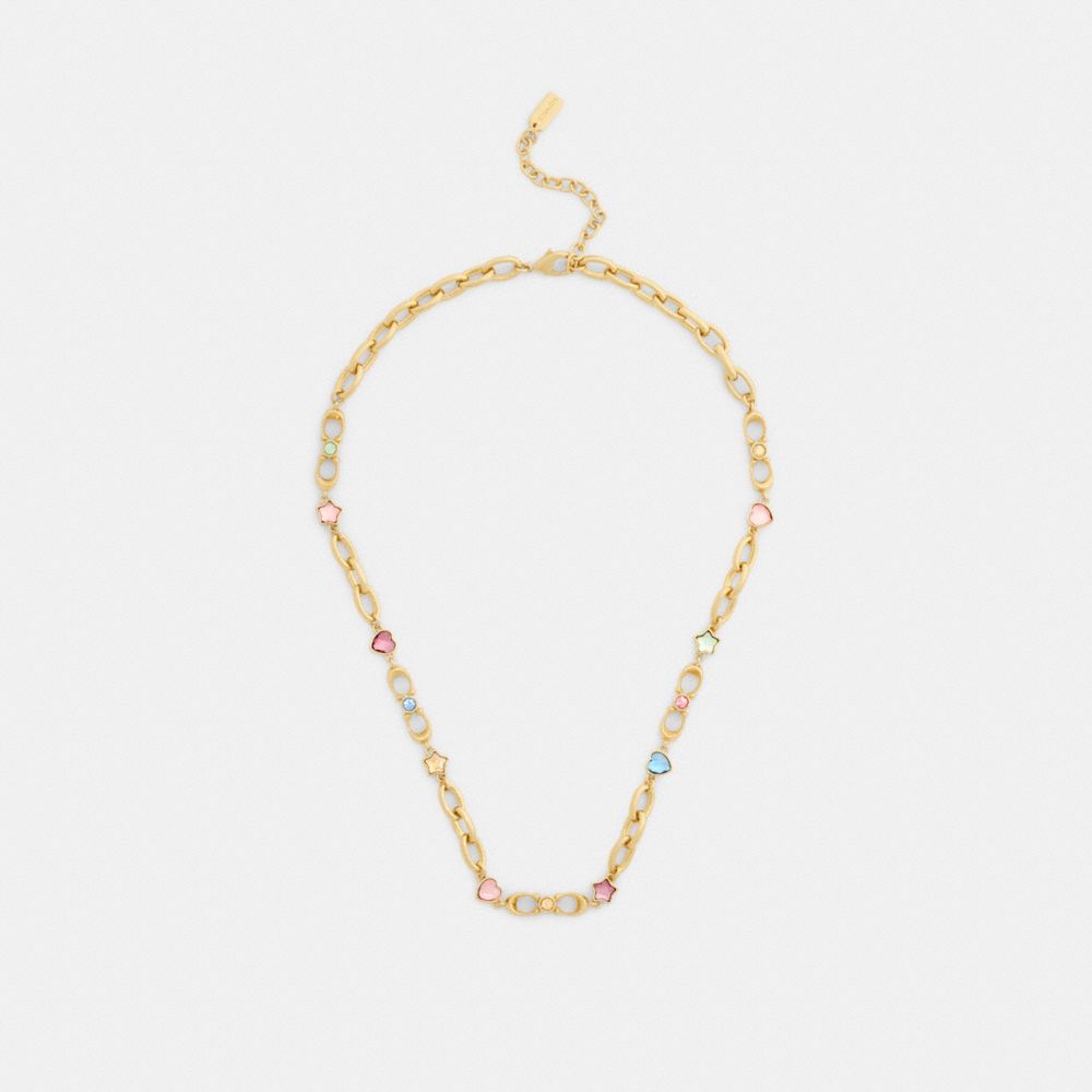 COACH®,Stars And Hearts Linked Signature Choker Necklace,Single Strand,Glass,Cubic Zirconia,Chain Link,Circle,Lettering Wo...,Yellow,Inside View,Top View