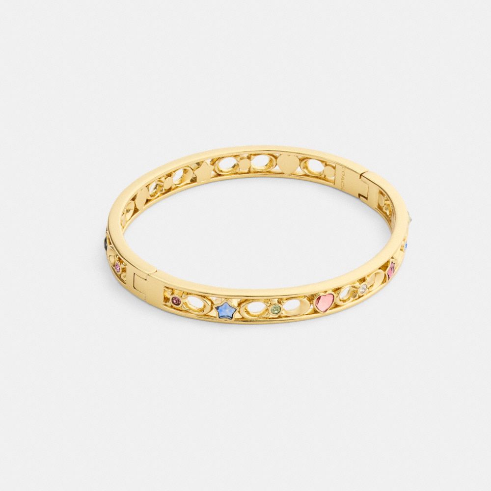 COACH®,Stars And Hearts Hinged Bangle,Glass,Cubic Zirconia,Circle,Lettering Word,Logo,Gem Embellishment,Heart Embellishmen...,Multi Color,Front View