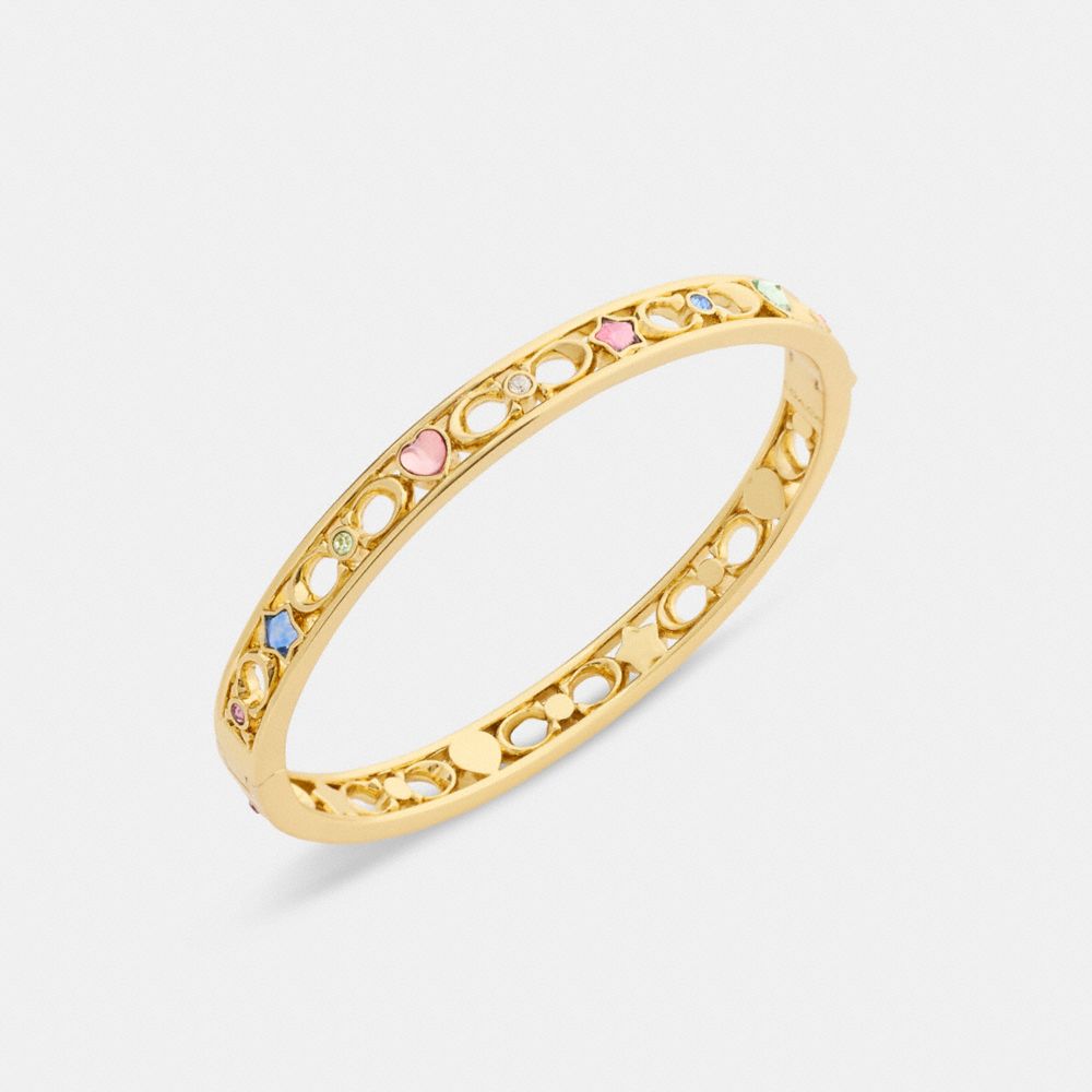 COACH®,Stars And Hearts Hinged Bangle,Glass,Cubic Zirconia,Circle,Lettering Word,Logo,Gem Embellishment,Heart Embellishmen...,Multi Color,Inside View,Top View