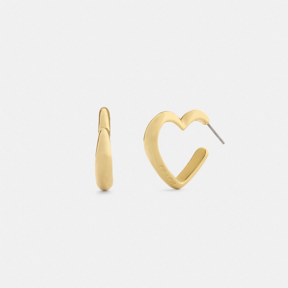 COACH®,Heart Hoop Earrings,Hoops,Cubic Zirconia,Logo,Brass Gold,Casual,Yellow,Front View