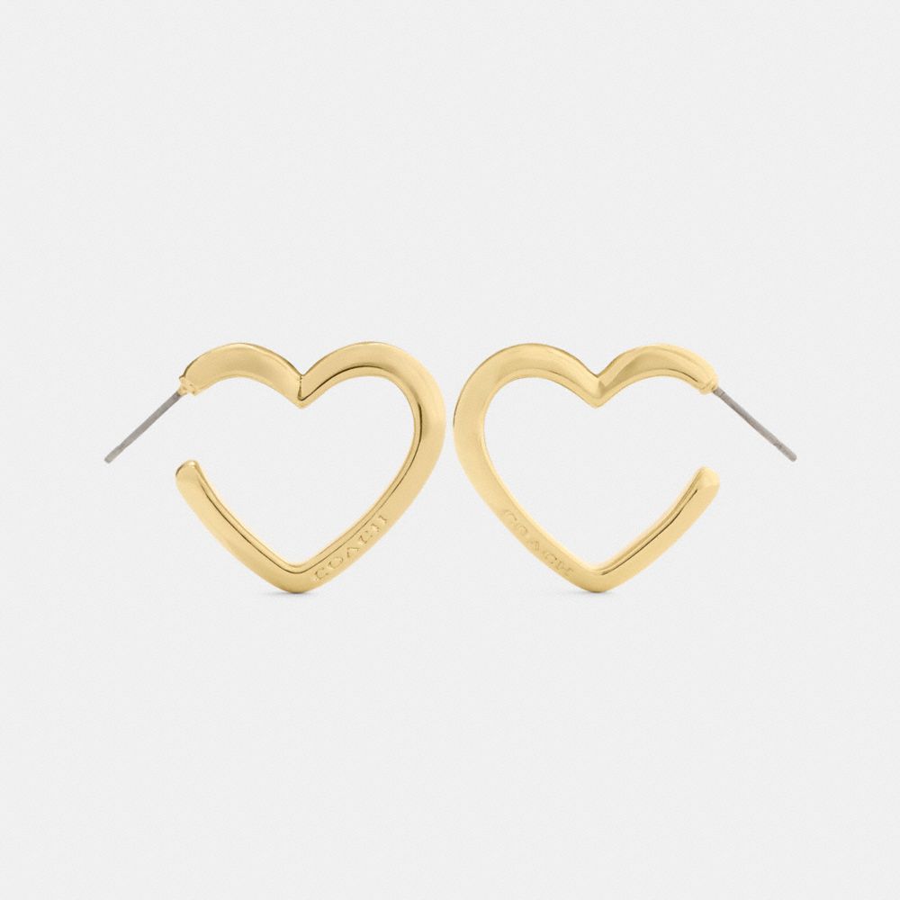 COACH®,Heart Hoop Earrings,Hoops,Cubic Zirconia,Logo,Brass Gold,Casual,Yellow,Inside View,Top View