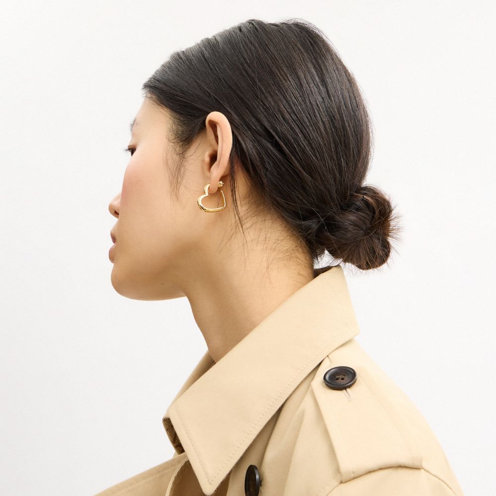 COACH®,Heart Hoop Earrings,Hoops,Cubic Zirconia,Logo,Brass Gold,Casual,Yellow,Detail View