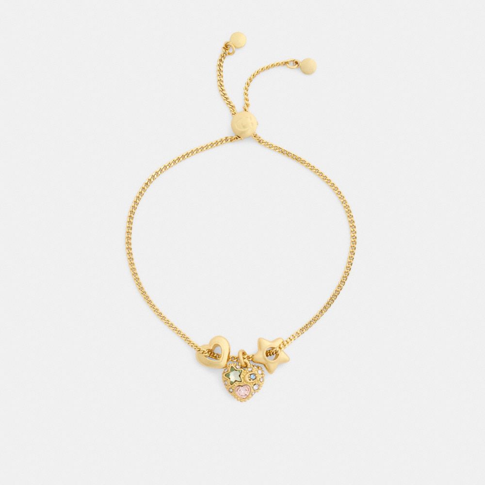 COACH®,Stars And Hearts Rondell Slider Bracelet,Cubic Zirconia,Glass,3D Embellishment,Disc,Heart Embellishment,Gem Embelli...,Clear,Inside View,Top View