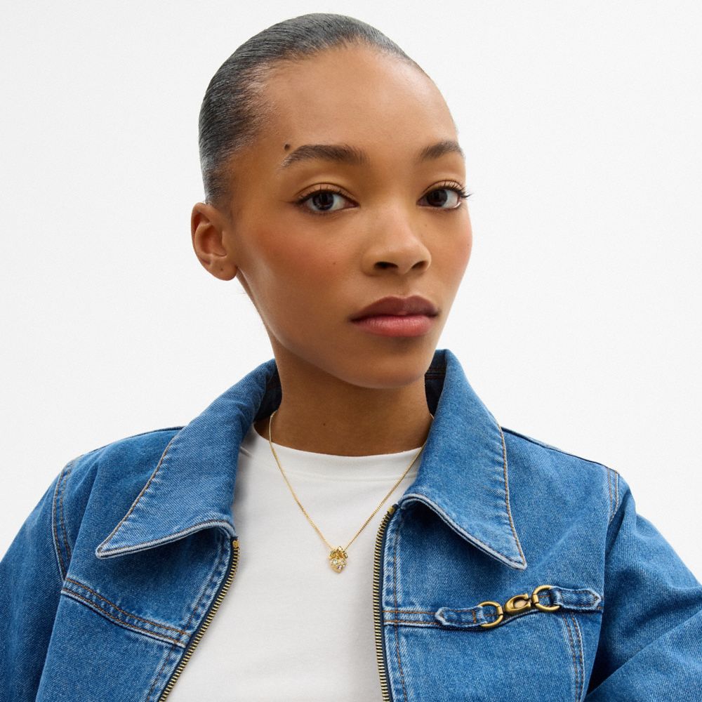 COACH®,Stars And Hearts Rondell Pendant Necklace,Single Strand,Cubic Zirconia,Glass,Star Embellishment,Heart Embellishment...,Yellow,Detail View