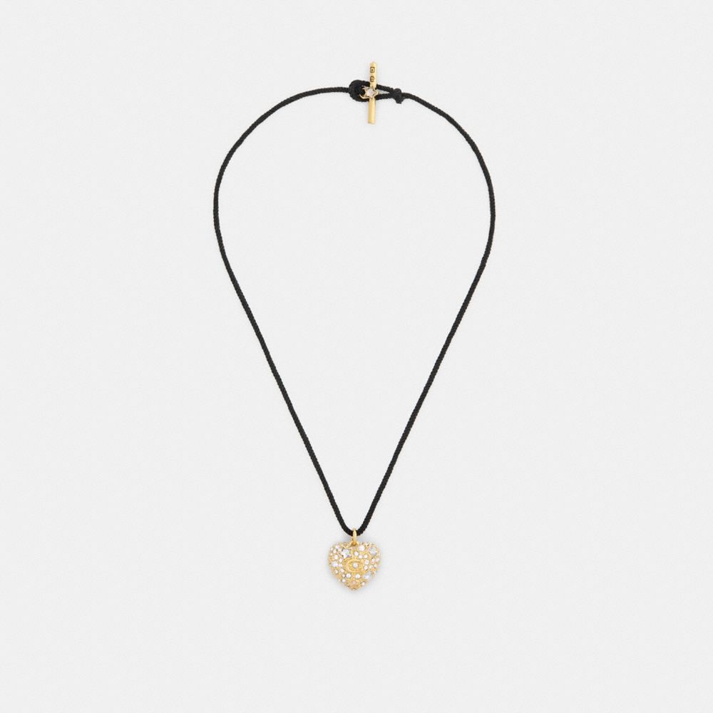 COACH®,Pavé Heart Cord Pendant Necklace,Single Strand,Cubic Zirconia,Rope,Glass,Initials Embellishment,Lettering Word,Logo...,Black,Inside View,Top View