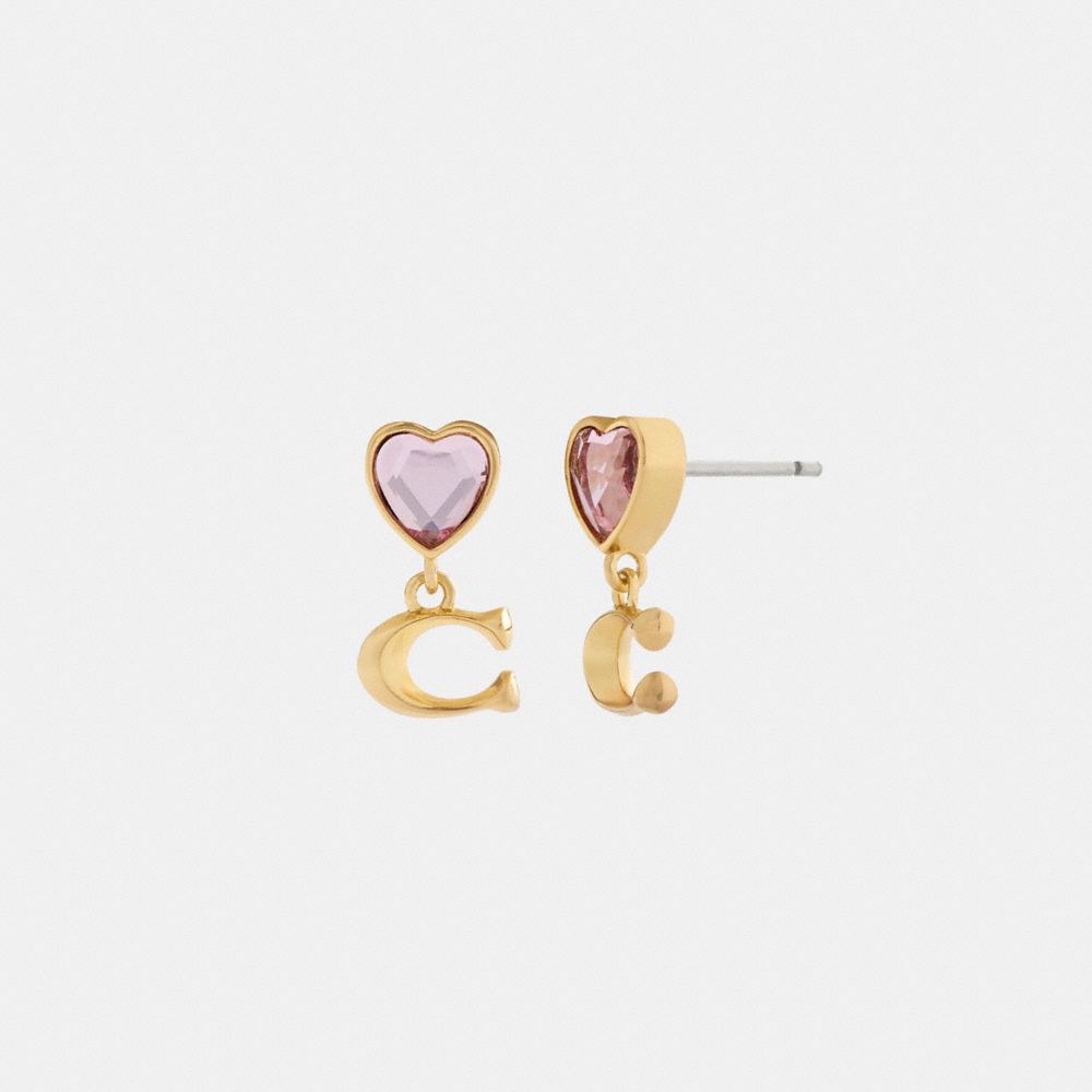 COACH®,Heart Signature Stud Drop Earrings,Dangle Earring,Cubic Zirconia,Glass,Gem Embellishment,Initials Embellishment,Let...,Pink,Front View