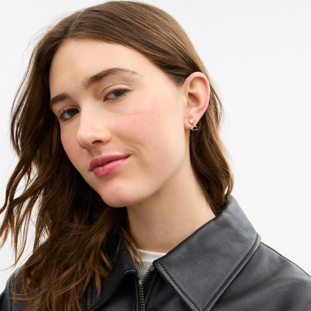 COACH®,Heart Signature Stud Drop Earrings,Dangle Earring,Cubic Zirconia,Glass,Gem Embellishment,Initials Embellishment,Let...,Pink,Detail View