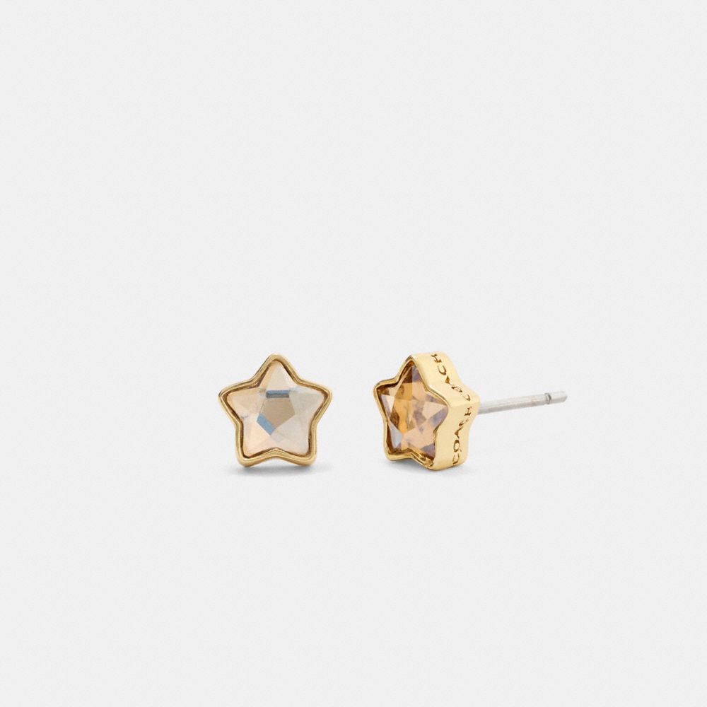 COACH®,Signature Star Stud Earrings,Studs,Cubic Zirconia,Glass,Gem Embellishment,Logo,Brass Gold,Titanium,Casual,Yellow,Front View