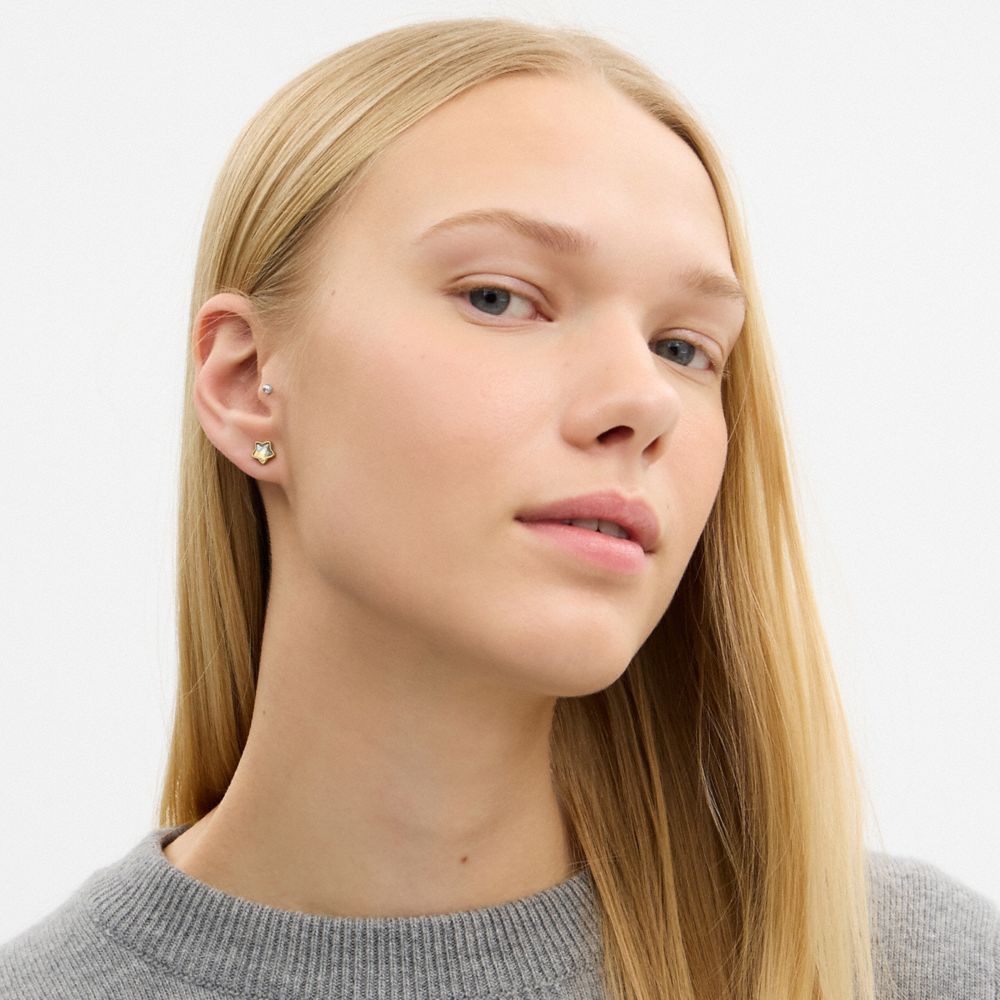 COACH®,Signature Star Stud Earrings,Studs,Cubic Zirconia,Glass,Gem Embellishment,Logo,Brass Gold,Titanium,Casual,Yellow,Detail View