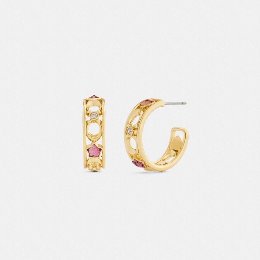COACH®,Stars And Hearts Hoop Earrings,Hoops,Glass,Cubic Zirconia,Circle,Lettering Word,Logo,Star Embellishment,Gem Embelli...,Fuchsia,Front View