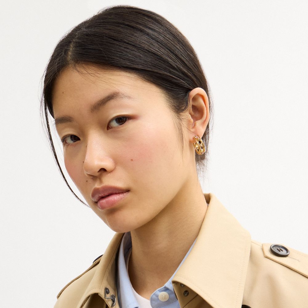 COACH®,Stars And Hearts Hoop Earrings,Hoops,Glass,Cubic Zirconia,Circle,Lettering Word,Logo,Star Embellishment,Gem Embelli...,Fuchsia,Detail View