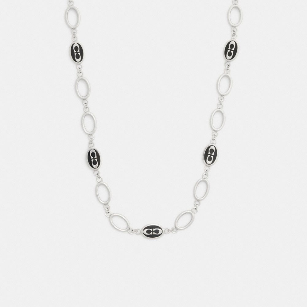 COACH®,Signature Link Enamel Chain Necklace,Single Strand,Enamel,Cubic Zirconia,Chain Link,Logo,Brass Silver,Silver Plated...,Silver,Front View