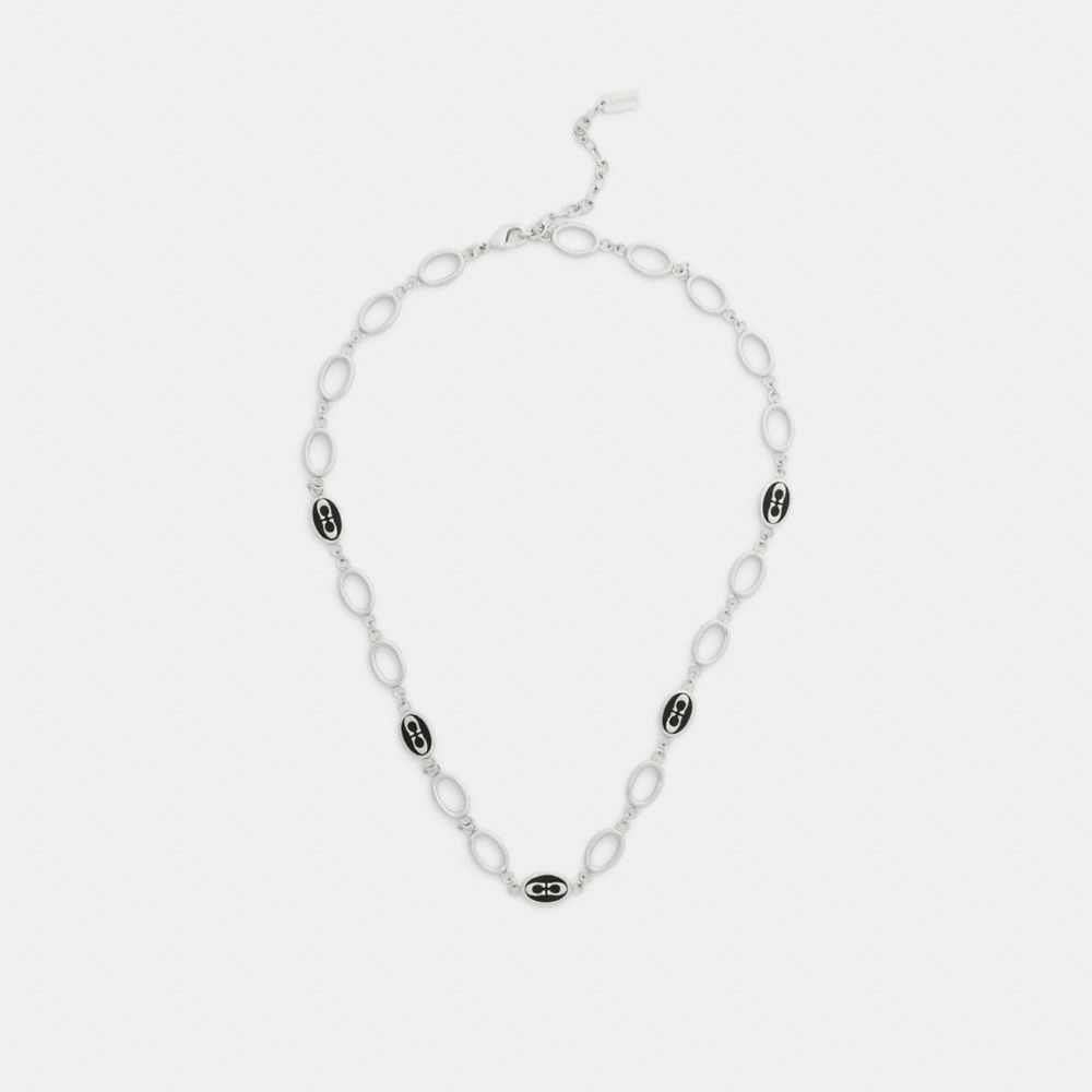 COACH®,Signature Link Enamel Chain Necklace,Single Strand,Enamel,Cubic Zirconia,Chain Link,Logo,Brass Silver,Silver Plated...,Silver,Inside View,Top View