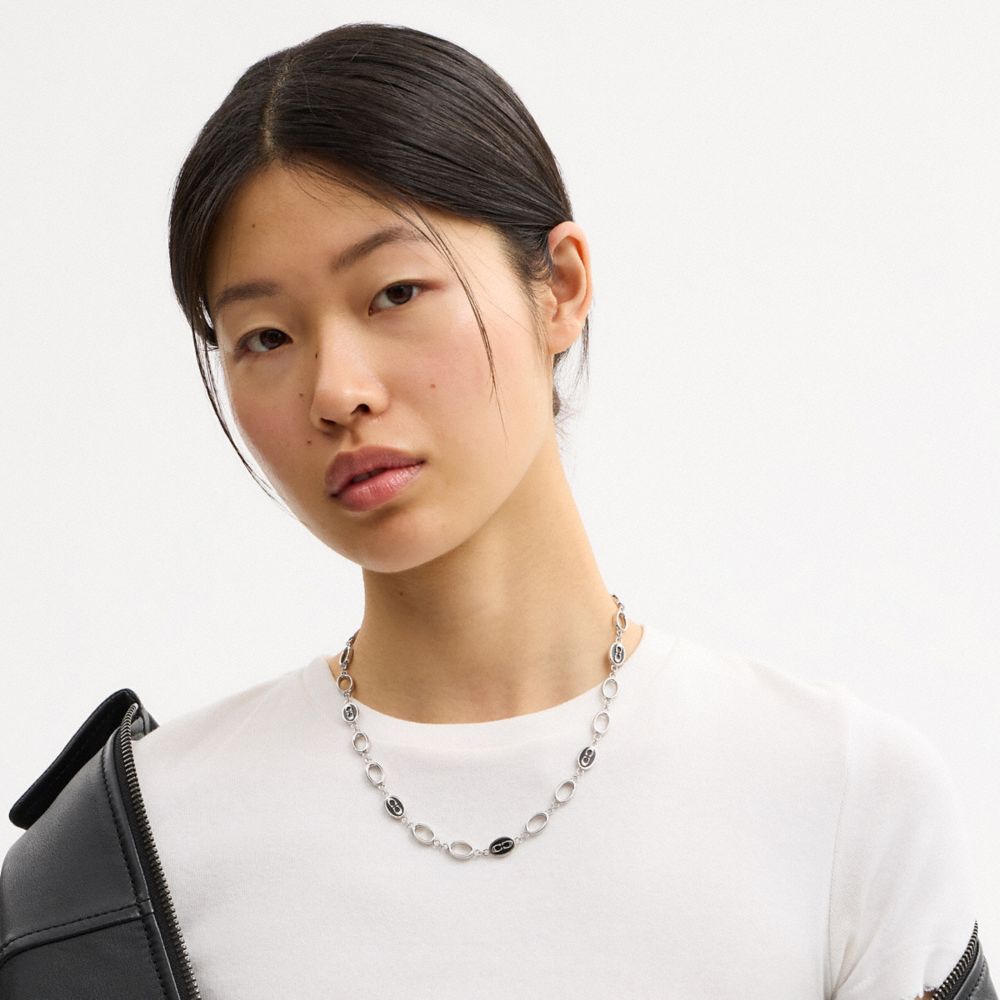 COACH®,Signature Link Enamel Chain Necklace,Single Strand,Enamel,Cubic Zirconia,Chain Link,Logo,Brass Silver,Silver Plated...,Silver,Detail View