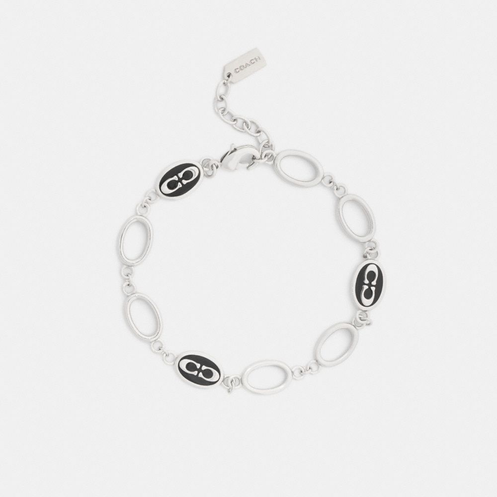 COACH®,Signature Link Enamel Chain Linear Bracelet,Cubic Zirconia,Enamel,Lettering Word,Chain Link,Logo,Brass Silver,Casual,Black,Inside View,Top View