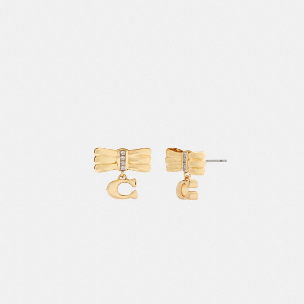 COACH®,Signature Bow Stud Earrings,Studs,Cubic Zirconia,Glass,Initials Embellishment,Lettering Word,Logo,Gem Embellishment...,Yellow,Front View