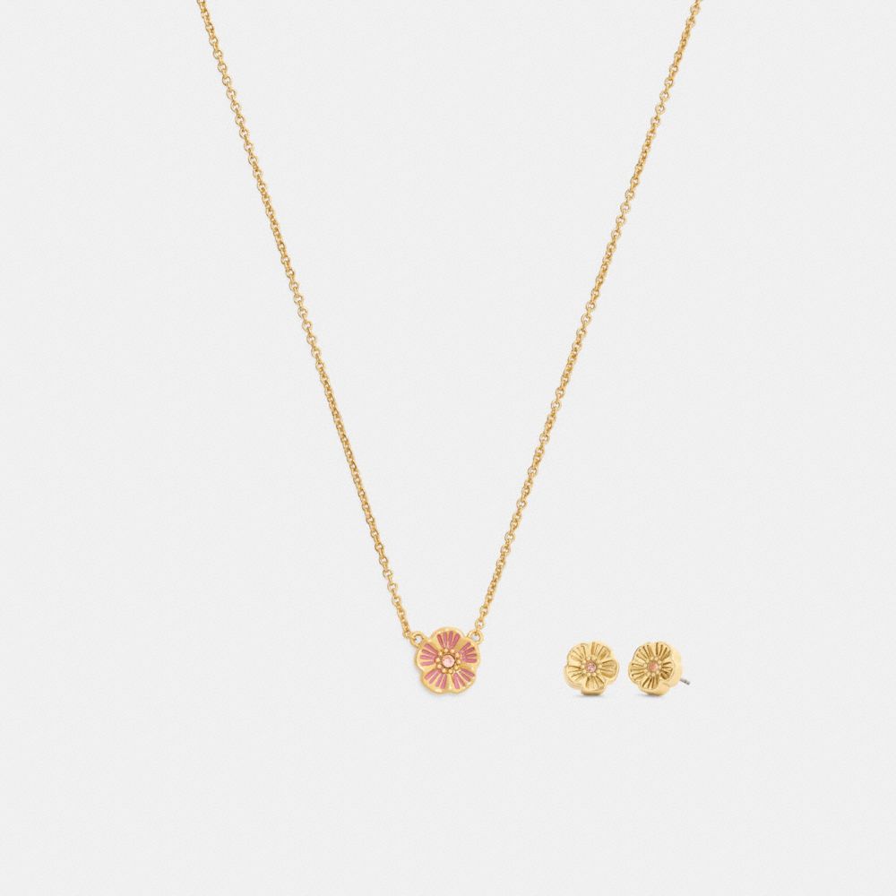 COACH®,Enamel Tea Rose Earrings And Necklace Set,Single Strand,Studs,Glass,Enamel,Cubic Zirconia,Gem Embellishment,Floral ...,Pink,Front View