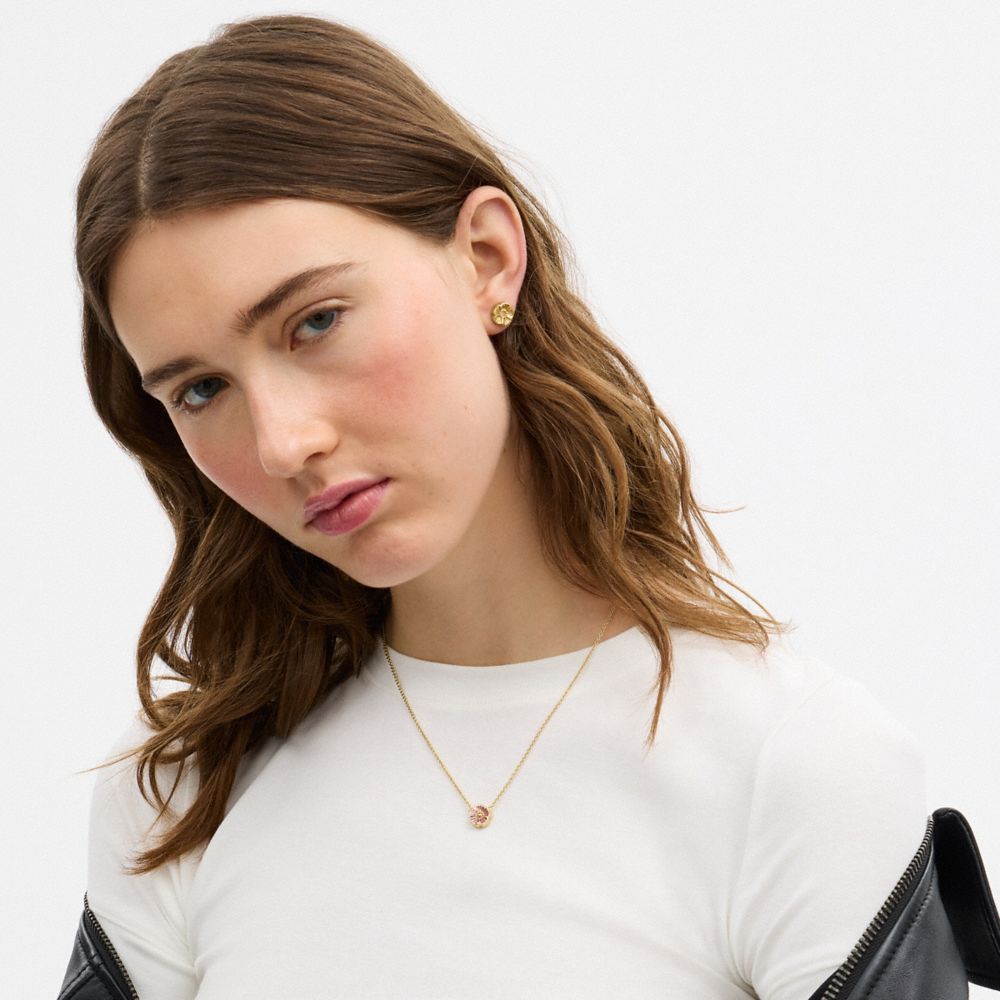 COACH®,Enamel Tea Rose Earrings And Necklace Set,Single Strand,Studs,Glass,Enamel,Cubic Zirconia,Gem Embellishment,Floral ...,Pink,Detail View