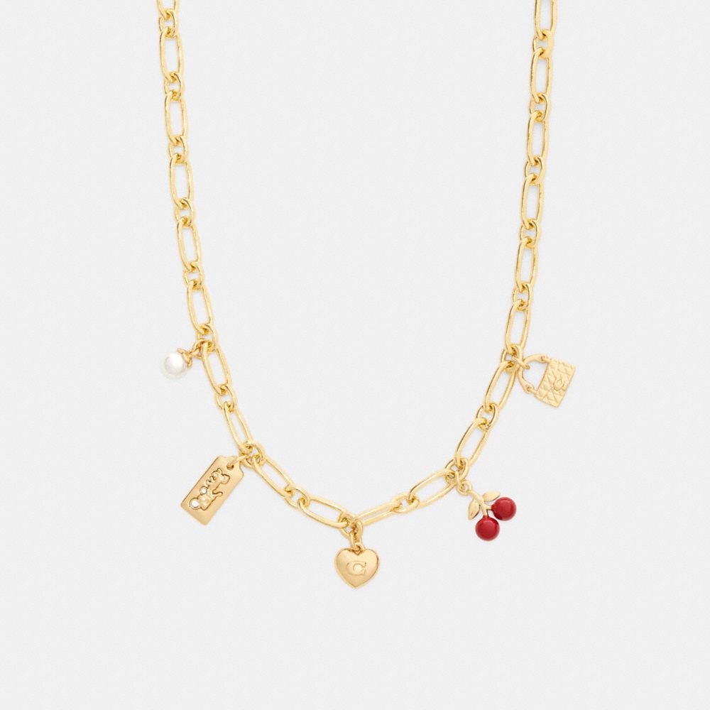 COACH®,Cherry And Heart Charm Necklace,Single Strand,Pearl,Glass,Enamel,Cubic Zirconia,3D Embellishment,Bar Embellishment,...,Red,Front View