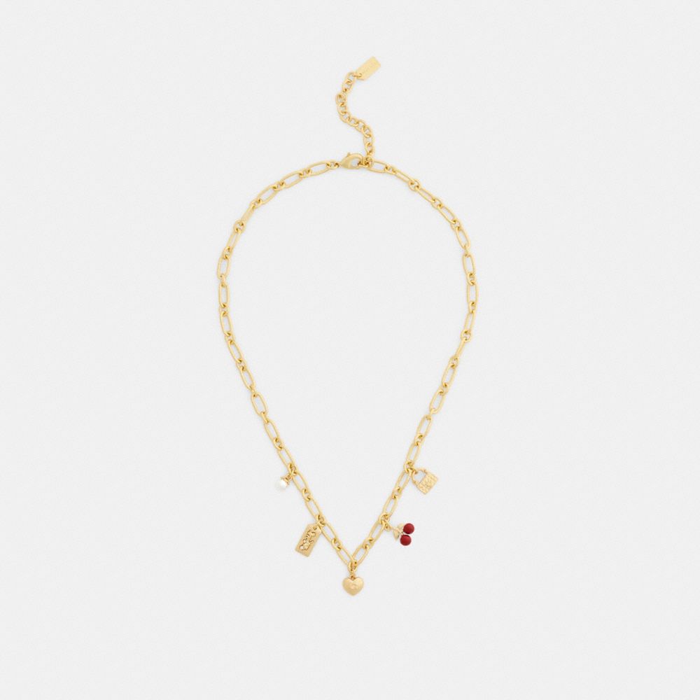 COACH®,Cherry And Heart Charm Necklace,Single Strand,Pearl,Glass,Enamel,Cubic Zirconia,3D Embellishment,Bar Embellishment,...,Red,Inside View,Top View