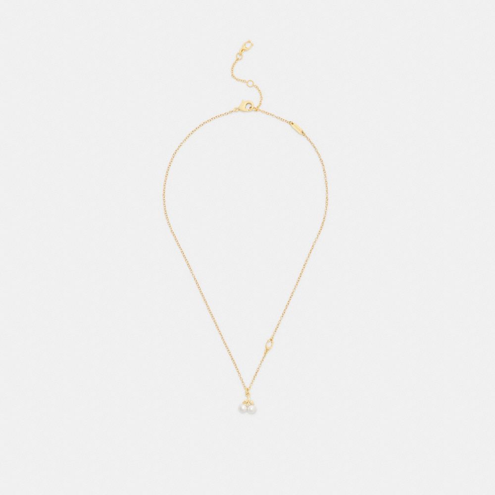 COACH®,Pearl Cherry Pendant Necklace,Single Strand,Glass,Pearl,Cubic Zirconia,3D Embellishment,Food Embellishment,Initials...,White,Inside View,Top View