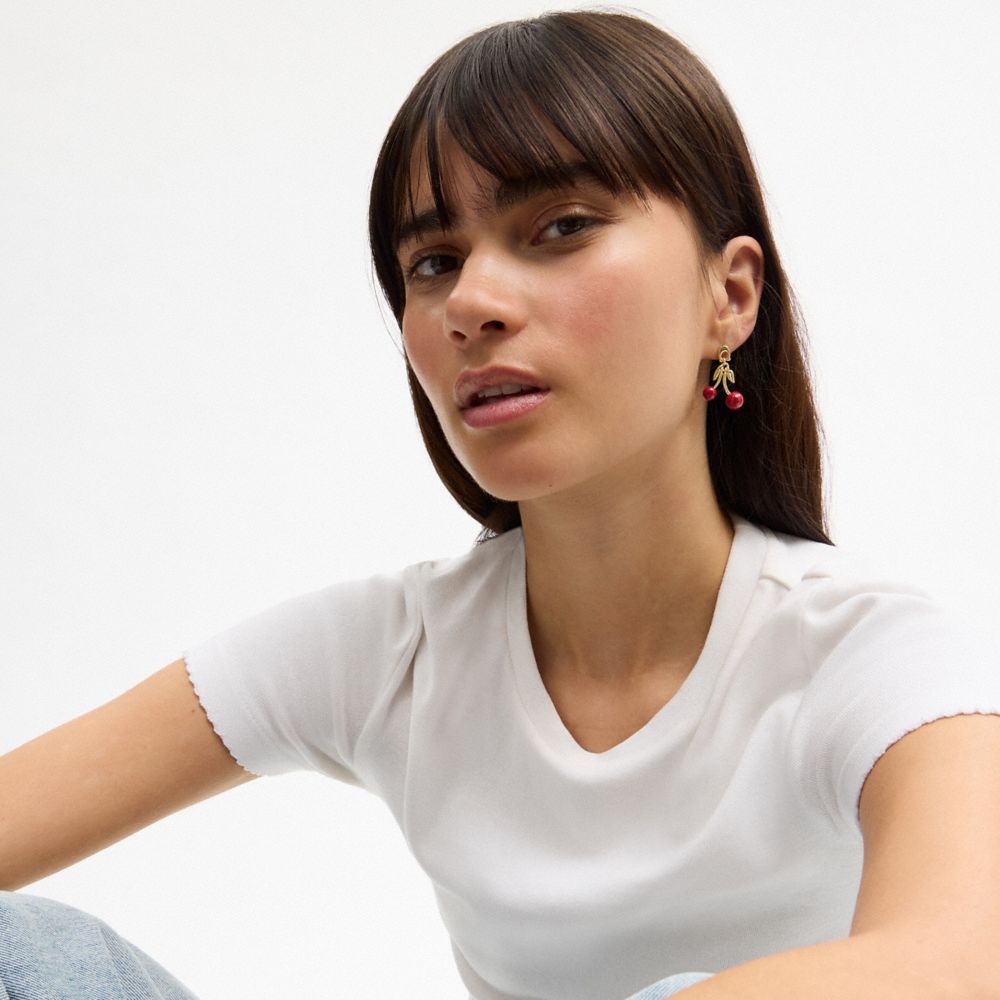 COACH®,Cherry Drop Earrings,Dangle Earring,Cubic Zirconia,Metal Material,Enamel,3D Embellishment,Food Embellishment,Initia...,Maroon,Detail View