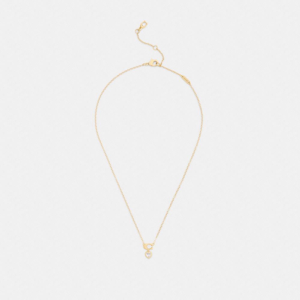 COACH®,Signature Heart Pendant Necklace And Earrings Set,Studs,Single Strand,Cubic Zirconia,Crystal,Gem Embellishment,Lett...,Gold,Inside View,Top View
