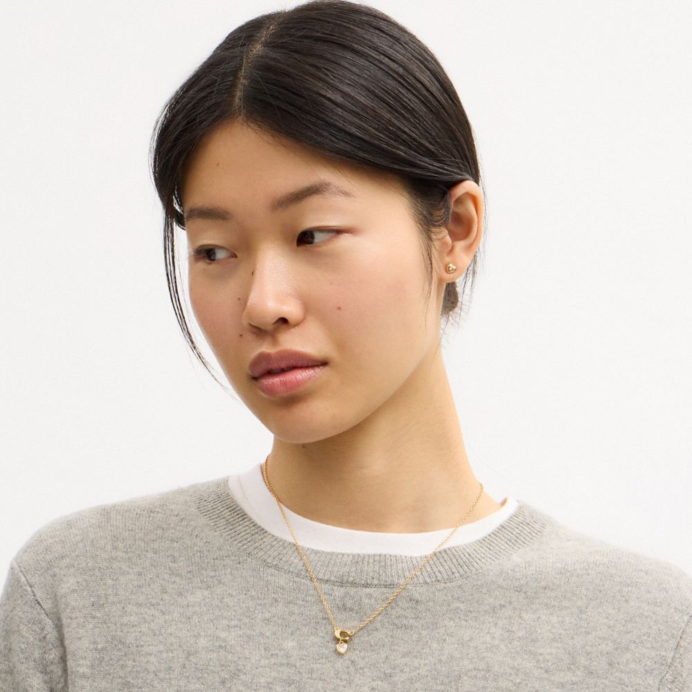 COACH®,Signature Heart Pendant Necklace And Earrings Set,Single Strand,Studs,Cubic Zirconia,Crystal,Initials Embellishment...,Gold,Detail View