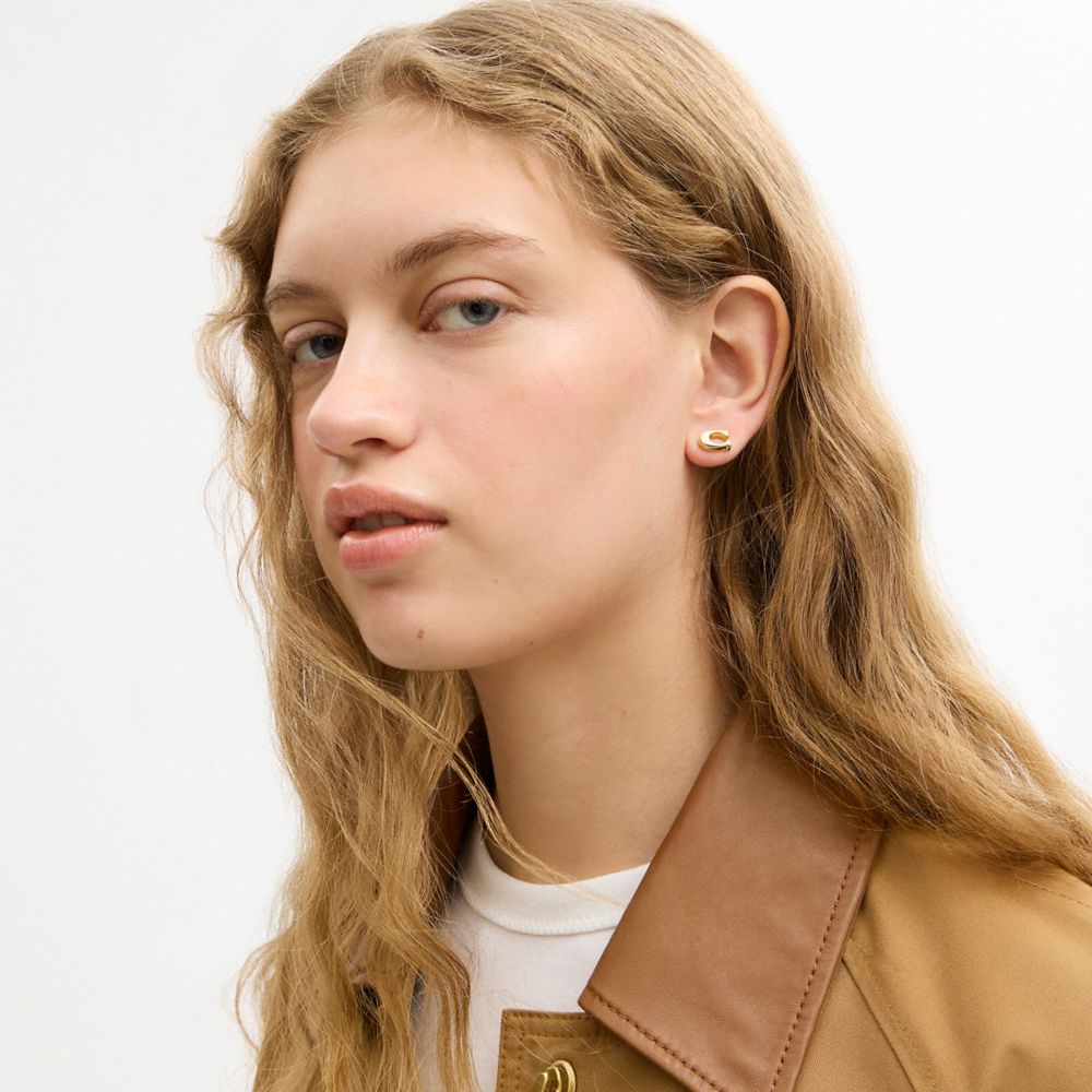 COACH®,Enamel Signature Stud Earrings,Studs,Enamel,Cubic Zirconia,Initials Embellishment,Logo,Lettering Word,Titanium,Casual,Gold,Detail View