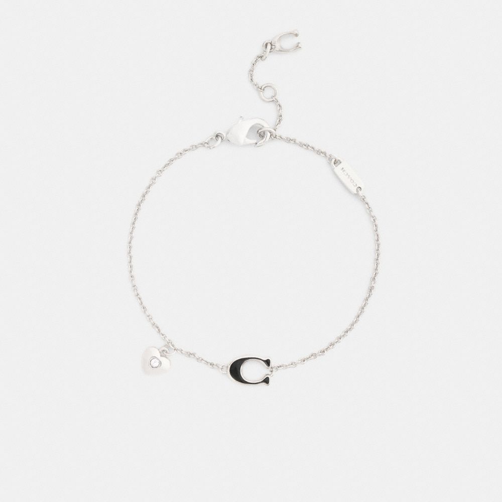 COACH®,Enamel Signature Heart Charm Linear Bracelet,Crystal,Cubic Zirconia,Glass,Enamel,3D Embellishment,Gem Embellishment...,Black,Inside View,Top View