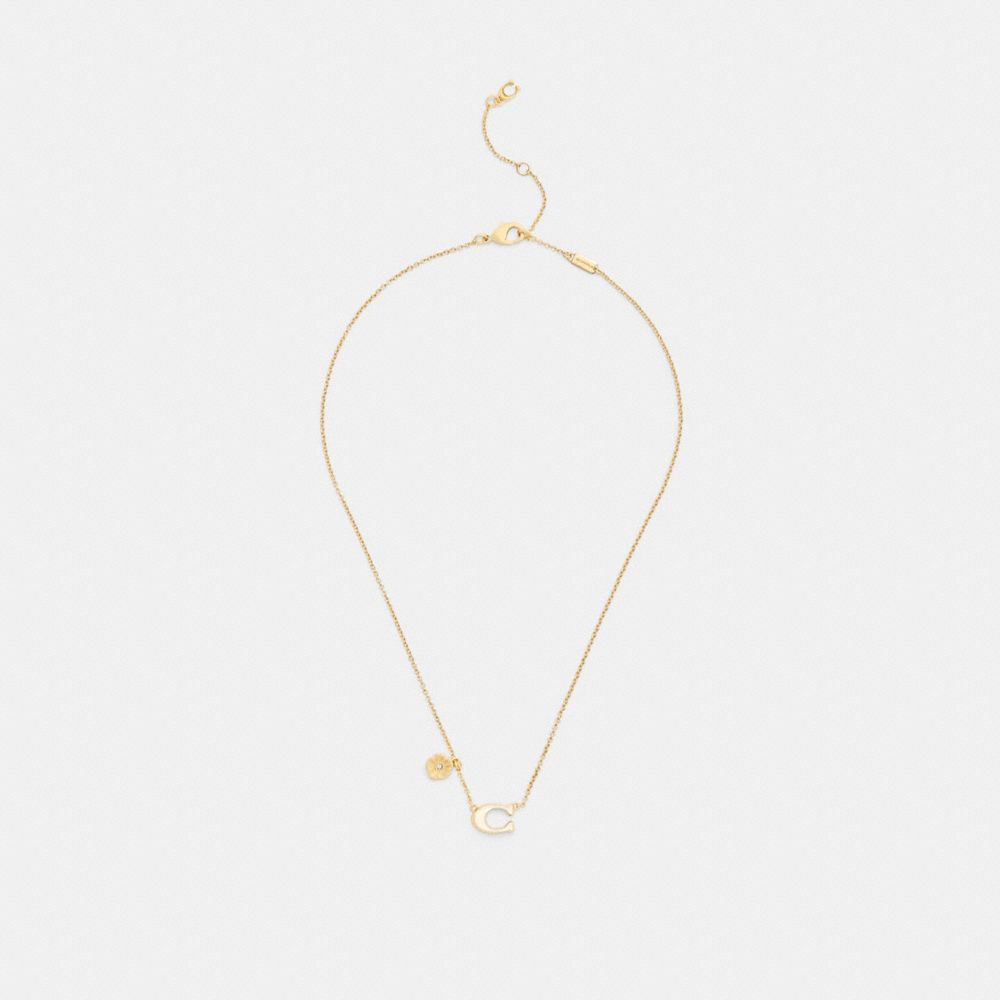 COACH®,Enamel Signature Tea Rose Charm Pendant Necklace,Single Strand,Enamel,Glass,Cubic Zirconia,Floral Embellishment,Gem...,Gold,Inside View,Top View