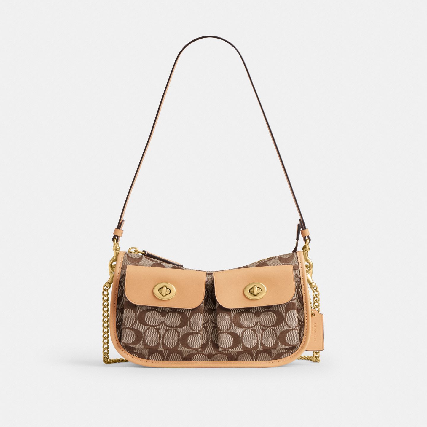 Женская сумка Coach Twin Turnlock Waverly Bag In Signature Jacquard, цвет: Латунный / Хаки персиковый — фото 1