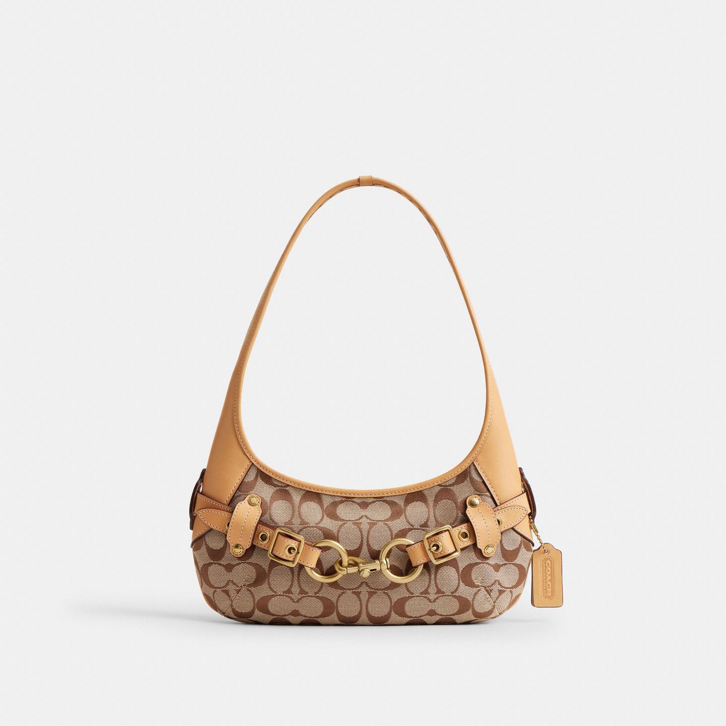 Женская сумка Coach Belted Ergo Shoulder Bag 26 In Signature Jacquard, цвет: Латунный / Хаки персиковый — фото 1