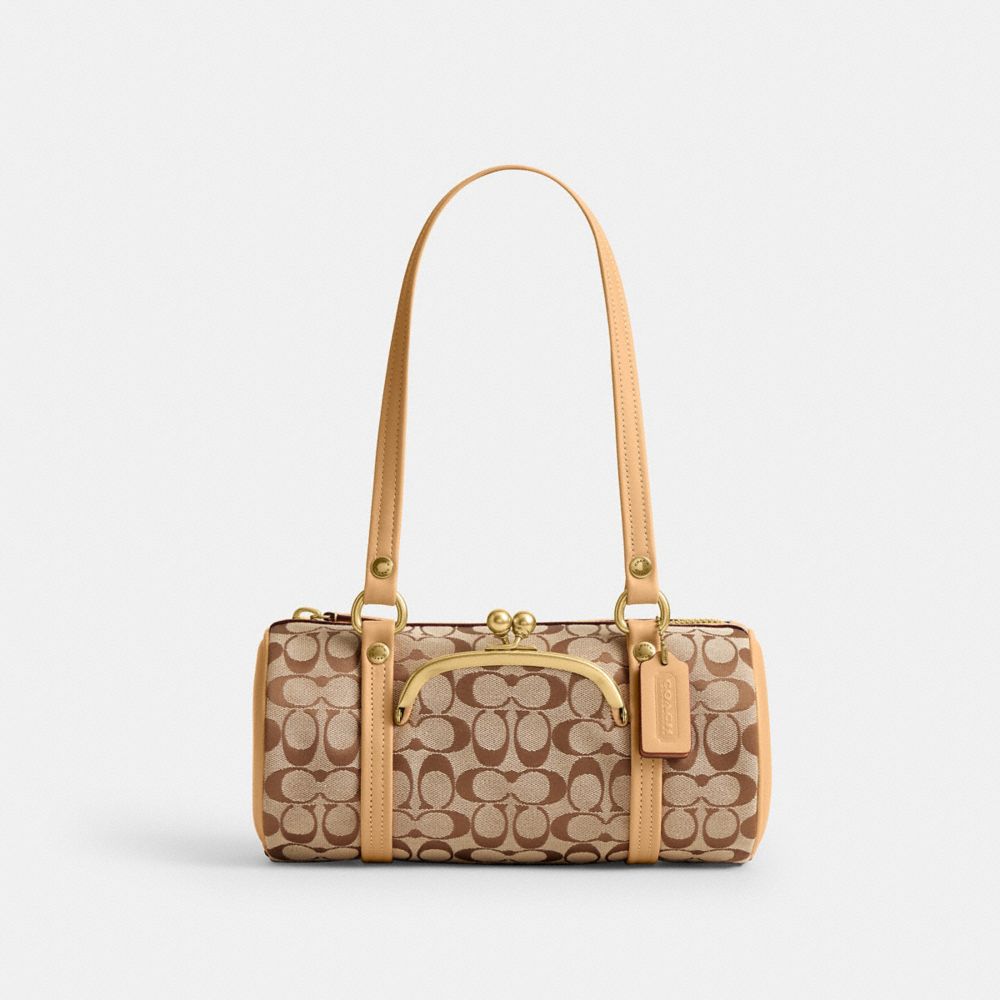 COACH&reg;,Kisslock Barrel Bag 28 In Signature Jacquard,,Front View