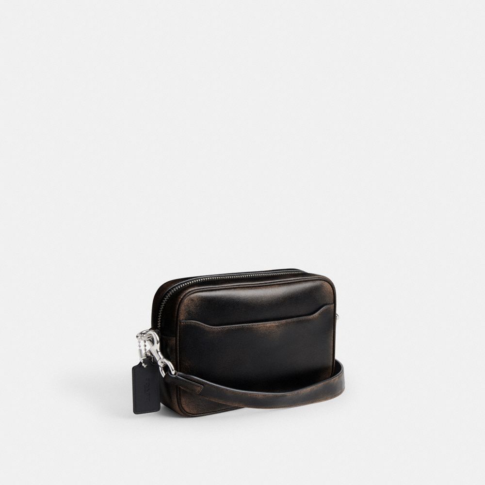 COACH®,Radio Camera Bag In Loved Leather,Lining Cotton,Leather,Crossbody,Pendant,Adjustable,Silver Metal,Casual,Black,Angle View